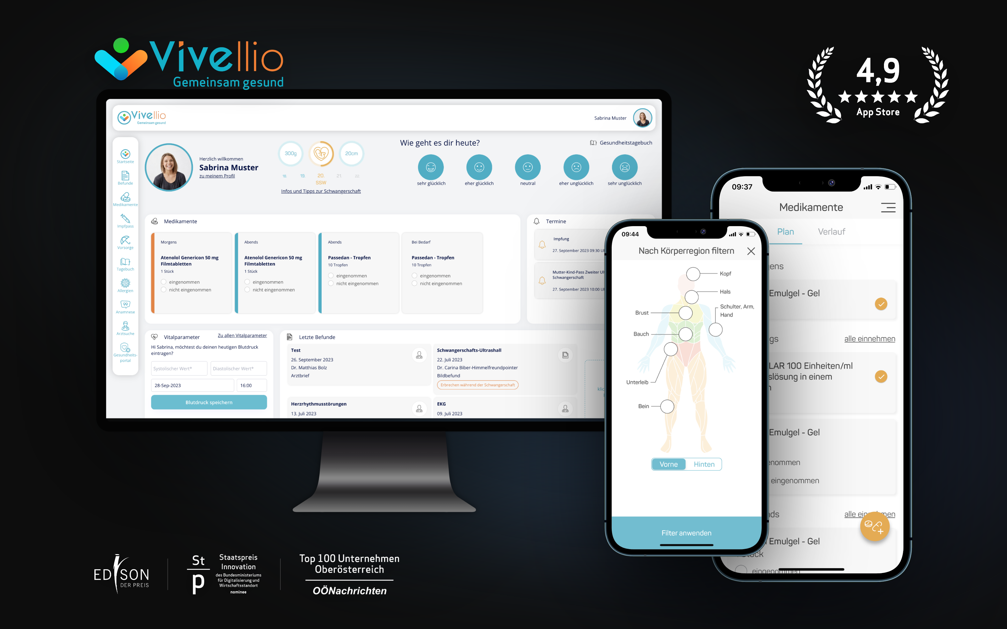 Vivellio – App für Patienten, Web-Cockpit für Ärzte, 4,9 im App Store, mehrfach ausgezeichnet